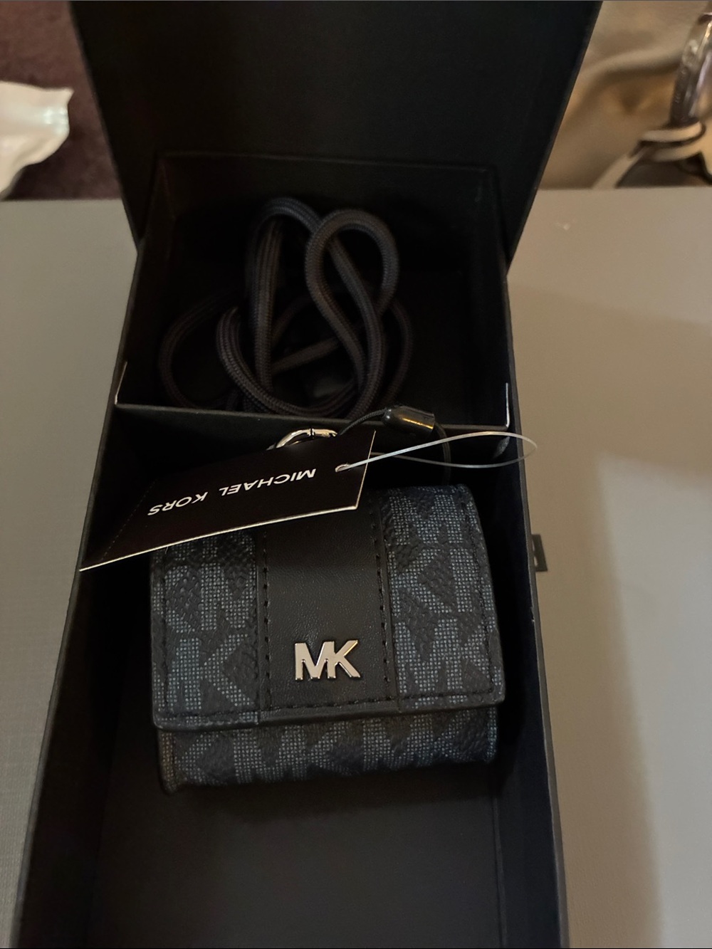 Michael Kors Black MK Logo Air Pods Case Holder Lanyard NWT